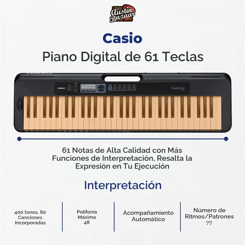 Vista 2 de Casio CT-S300 - Paquete de teclado de 61 teclas con soporte ajustable, banco, audífonos, pedal de sustain, libro de instrucciones, DVD