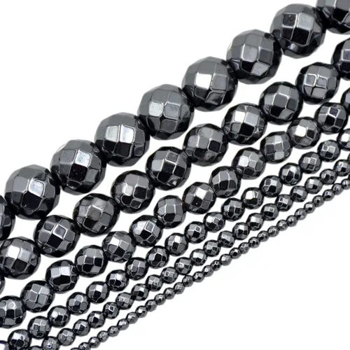 Vista 5 de AD Beads Cuentas sueltas redondas de hematita metálica facetada natural y lisa, de 16 pulgadas, 0.079 in, 0.118 in, 0.157 in, 0.236 in, 0.315 in