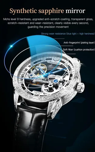 Vista 6 de Relojes de cuero de esqueleto para hombre, vestido de lujo automático, mecánico, automático, impermeable, luminoso, relojes de pulsera