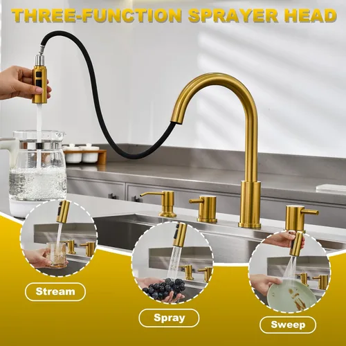 Vista 2 de Tohlar Grifo de cocina de 4 agujeros, grifo de cocina dorado cepillado con dispensador de jabón y rociador extraíble, 3 modos, grifo de fregadero
