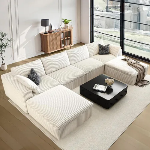 Vista 26 de 118" Cloud Couch Oversized Modular Sectional Sofa, Boneless L-Shaped 6 Seater Deep Seat Couch with Ottoman, Soft Corduroy Upholstery, DIY Negro