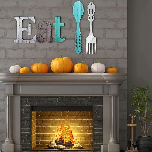 Vista 4 de Juego de letreros de comer, tenedor y cuchara, decoración de pared de madera rústica, decoración de comer, lindas letras para cocina, hogar
