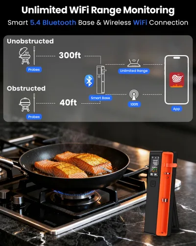 Vista 3 de PROGRACE Termómetro inalámbrico Bluetooth inteligente para carne: base independiente, rango ilimitado WiFi, 6 sensores con precisión certificada