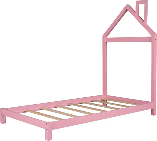 Vista 6 de Merax Cama de plataforma de madera tamaño individual con cabecero en forma de casa para niños y niñas, rosa