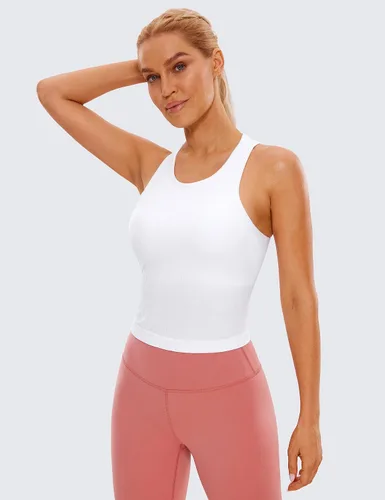 Vista 2 de CRZ YOGA Camiseta corta sin mangas de cuello alto acanalada sin costuras para mujer, sujetadores deportivos acolchados con espalda cruzada larga
