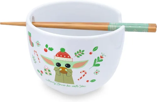 Vista 2 de Star Wars: The Mandalorian Grogu The Child "Merry Force Be With You" - Juego de vajilla de cerámica Incluye cuenco de fideos ramen de 20 onzas