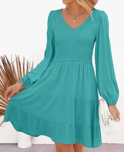 Vista 8 de ZESICA Minivestido casual con cuello en V y manga larga fruncida y cintura alta fruncida con volantes en línea A
