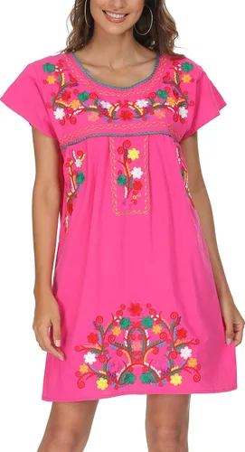 Vista 3 de YZXDORWJ - Vestido mexicano bordado de manga corta para mujer