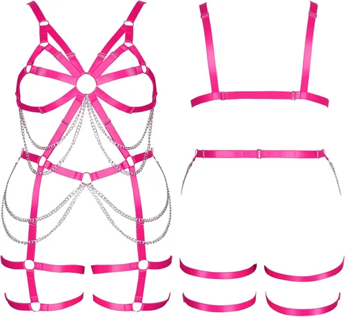 Vista 2 de Arnés de cuerpo de las mujeres más tamaño liguero completo jaula ahueca hacia fuera marco Strappy Medias sujetador conjunto Punk goth Rave ropa