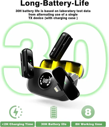 Vista 3 de Micrófono Lavalier inalámbrico para iPhone/Android - Mini micrófono dual con cancelación de ruido con funda de carga (30H), micrófono de clip