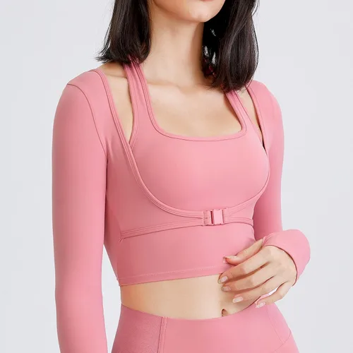 Vista 2 de Camisetas de manga larga acolchadas para mujer, camisetas de entrenamiento, yoga, correr, trajes deportivos recortados con agujeros para el pulgar