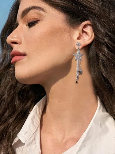 Vista 3 de Star Earrings for Women Laser Star Sequin Earrings for Teen Girls Fringe Star Dangle Earrings Iridescence Star Design Drop Earrings Pearl Earrings