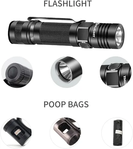 Vista 5 de Correa retráctil para perro de 360° sin enredos con linterna, dispensador y bolsa de excrementos, cinta de nailon resistente para perros pequeños