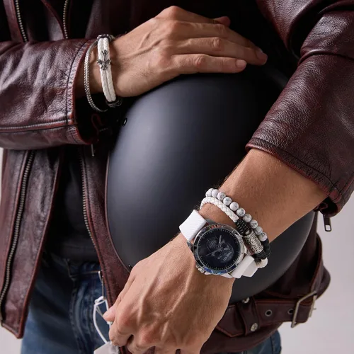 Vista 3 de TIME100 Reloj de calavera para hombre con juego de pulsera apilable, correa de silicona