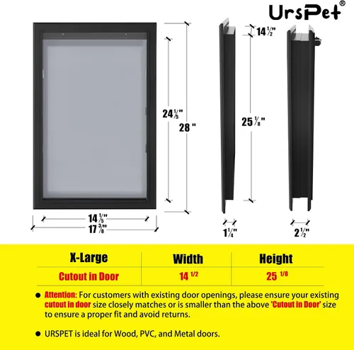 Vista 5 de Puerta extra grande para perros para puertas exteriores, puerta de aluminio resistente para climas extremos, tamaño de recorte 14 1/2 pulgadas