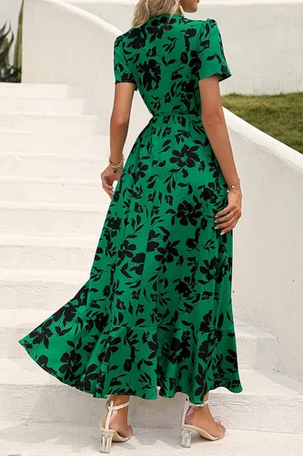 Vista 5 de PRETTYGARDEN - Vestido largo de verano cruzado para mujer, con cuello en V, estilo bohemio, floral, manga corta, dobladillo con volantes
