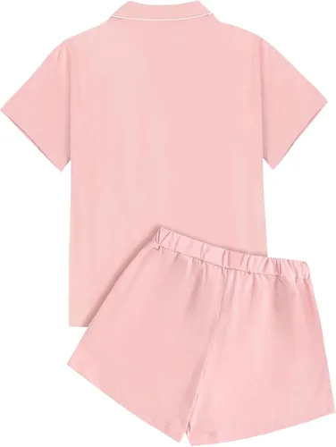 Vista 2 de Rooscier Conjunto de pijama para mujer con cuello de muesca y botones de manga corta con pantalones cortos