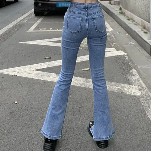 Vista 4 de ygqzm Pantalones de mezclilla elásticos azules para mujer, de pierna ancha, cintura alta, con abertura, elásticos, acampanados, color azul, talla XL