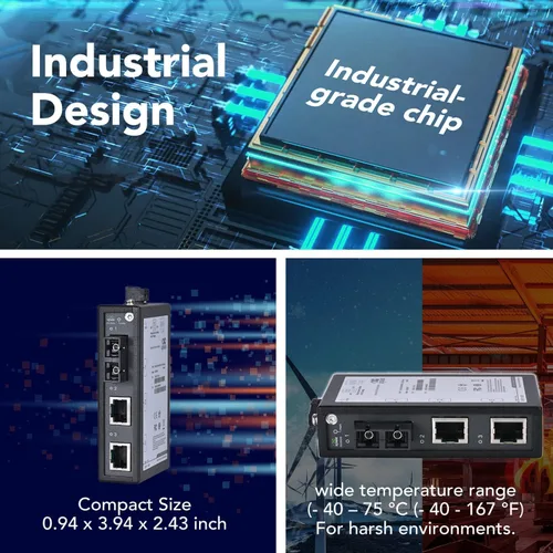 Vista 6 de InHand Networks - Conmutador Ethernet industrial no administrado de 3 puertos, convertidor de medios, 2* 10/100 Base-T (X), 1* 100Base-FX, fibra SC