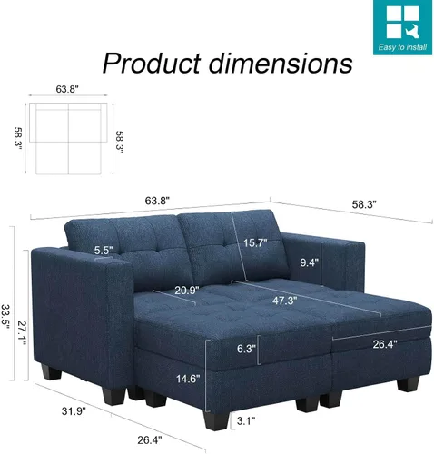 Vista 2 de Belffin Sofá modular modular con otomana de almacenamiento, sofá moderno en forma de L de tela con diván para espacios pequeños, azul