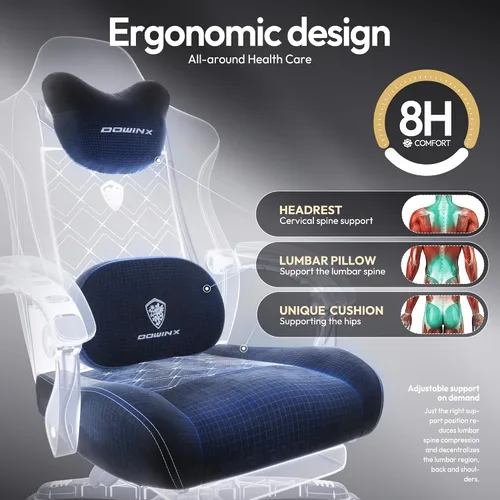 Vista 7 de Dowinx Silla de Juegos con Soporte Lumbar de Masaje con Calentamiento, Sillas de Tela Grandes y Altas para Adultos con Reposapiés, Silla de Juego