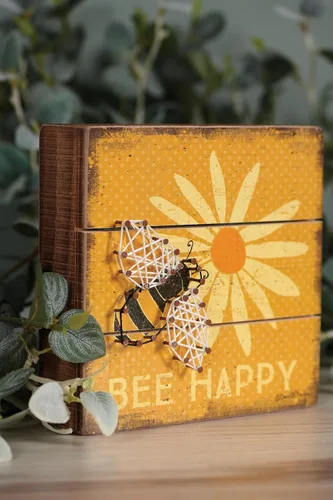 Vista 3 de Cartel de caja de arte con texto en inglés "Primitives by Kathy Slat String Art Box Sign, 6" x 6" (Bee Happy) (35313)
