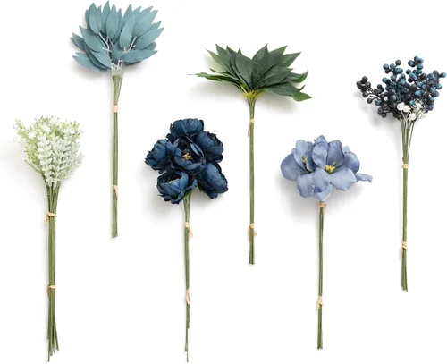 Vista 6 de Ling's moment - Juego de tallos de vegetación artificial verde, 36 piezas con 8 tipos de flores artificiales para ramos de novia de bricolaje Negro
