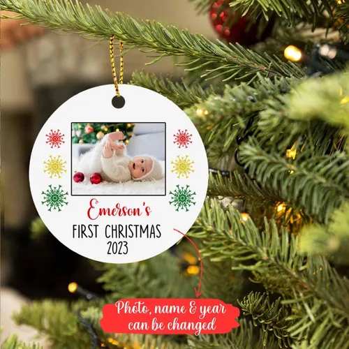 Vista 2 de Adorno de fotos para la primera Navidad del bebé 2025, recuerdo personalizado de primera Navidad para nuevos padres, marco de fotos personalizado