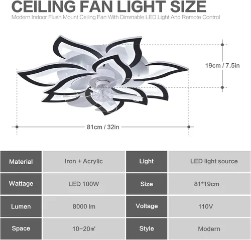 Vista 6 de Ventiladores de techo de 32 pulgadas con luces y control remoto, moderno ventilador de techo de montaje empotrado con luz LED regulable, 3