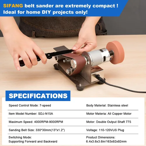 Vista 3 de SI FANG Mini afilador de cuchillos eléctrico para lijadora de banda, 7 velocidades, lijadora portátil de banco, herramienta de bricolaje para afilar