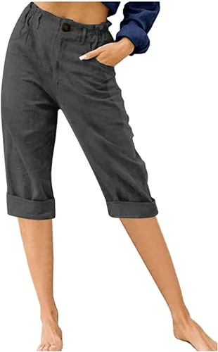 Vista 6 de Bermudas para mujer, hasta la rodilla, de algodón, lino, capri, pantalones capri de cintura alta con bolsillos, ropa de descanso Verde militar