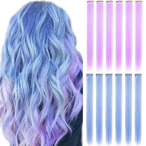 Vista 9 de Extensiones de cabello con clip de colores, 8 piezas de cabello sintético liso con reflejos azules y verde azulado