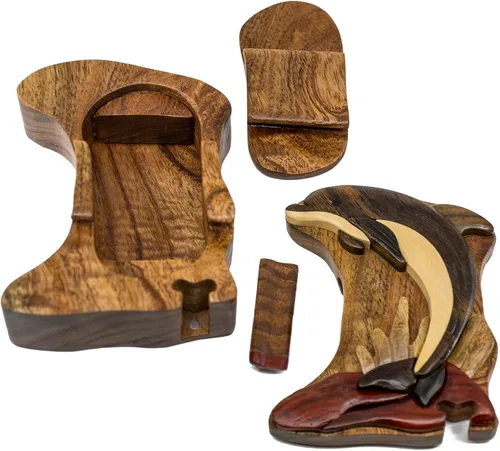 Vista 3 de Leaping Dolphin - Caja de rompecabezas de madera de Intarsia, hecha a mano con compartimento secreto