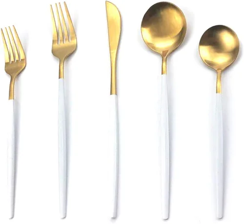 Vista 9 de Juego de cubiertos de 5 piezas, Uniturcky, de acero inoxidable negro y dorado, utensilios para comer con cuchillo, tenedor, cuchara para el hogar