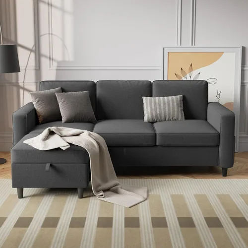 Vista 7 de Sofá seccional y sofás para sala de estar, sofá de 3 asientos gris oscuro de 3 asientos en forma de L con otomana de almacenamiento, sofás