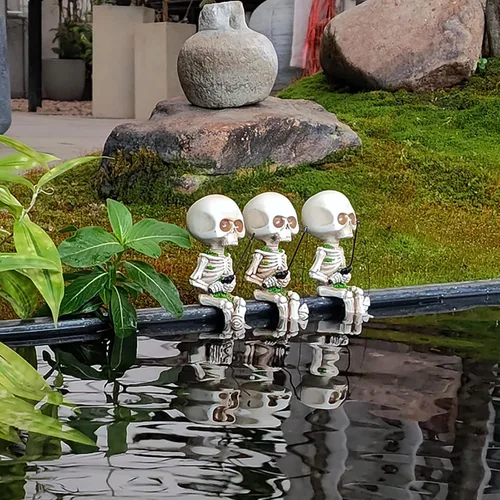 Vista 8 de Esqueletos de jardín, estatua de peces enanos, adornos de pesca para jardín, patio, estatua de resina, cráneo, elfo, patio, césped, decoración