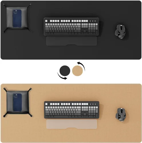 Vista 2 de DAWNTREES - Tapete de escritorio a doble cara, almohadilla de escritorio de cuero, negro 35.5"x17", protector de escritorio de corcho