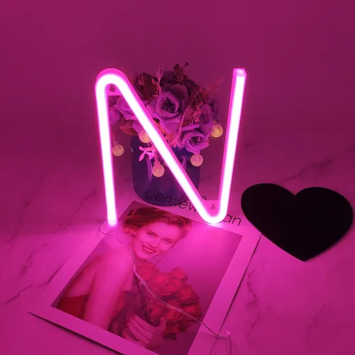 Vista 3 de Letrero de neón, letras de neón, letras del alfabeto de neón iluminadas, letras con luces LED, letras de marquesina iluminadas, batería, USB, rosa
