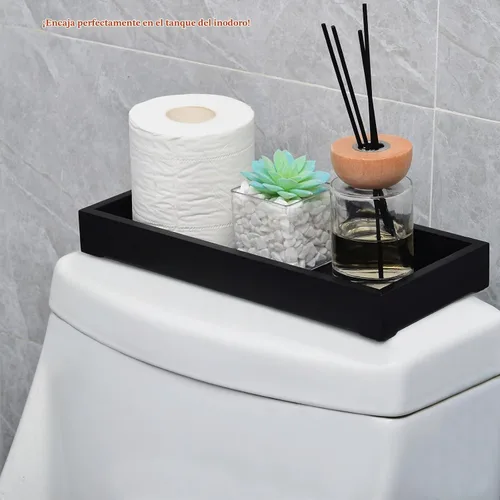Vista 5 de Bandeja de tocador de madera con bandeja de jabón, organizador superior de inodoro, ideal para tanque de inodoro de baño
