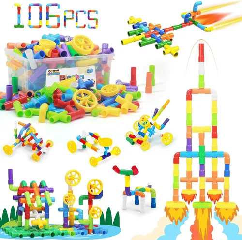 Vista 7 de Ggiibro Juguete de Construcción STEM para Niños Pequeños 200 Piezas Juguete de Tubo, Juego Educativo Preescolar para 3+ Años, Bloques