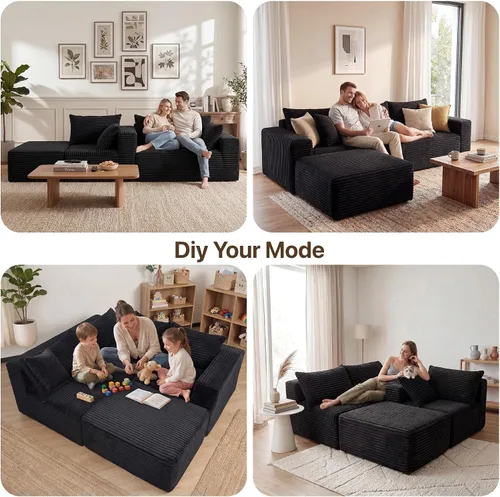 Vista 4 de Claiks Sofá modular de pana de 104 pulgadas sin hueso, asiento profundo de sofá modular de pana, no requiere montaje, color negro