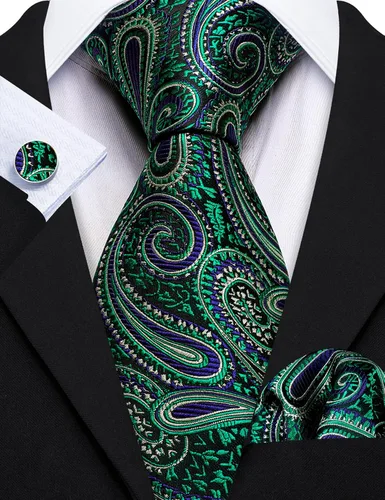 Vista 15 de Barry.Wang - Juego de corbata de seda para hombre, diseño de cachemira, pañuelo y gemelos de bolsillo