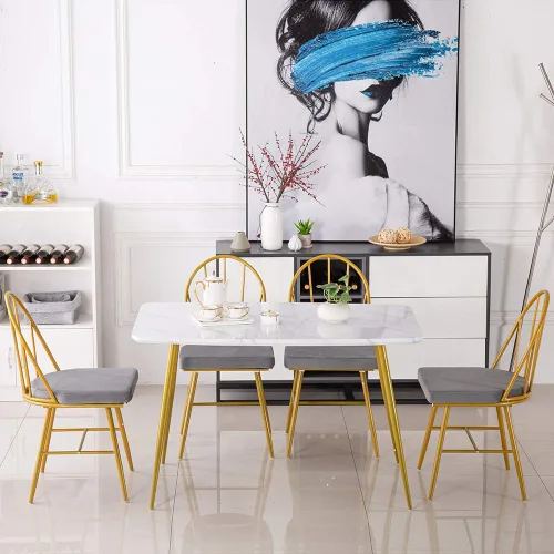 Vista 3 de Mesa de comedor rectangular de oro blanco, moderna y elegante, con patas de metal dorado para 4 a 6 personas, mesa de trabajo simple para oficina