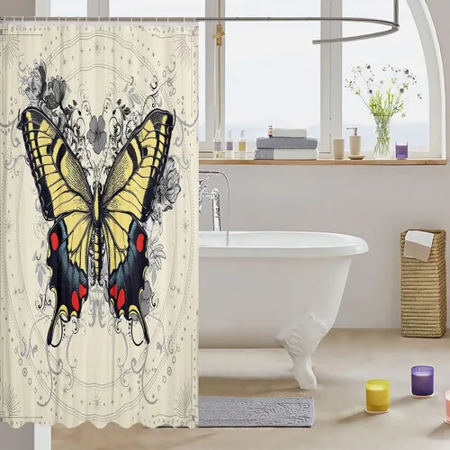 Vista 3 de Butterfly Shower Curtain Bohemian Bathroom Shower Curtain Set for Kids Adult Sun Moon Bath Curtain Yellow Butterfly Waterproof Curtains Room Decor