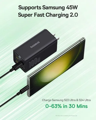Vista 8 de Baseus Estación de carga 100W, tira de alimentación de viaje 5 en 1 con cargador USB C, con cable de extensión desmontable de 5 pies, enchufe plano