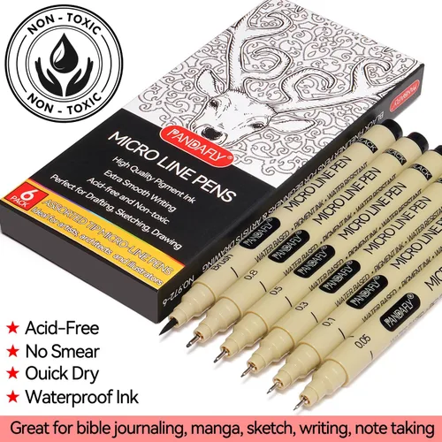Vista 2 de PANDAFLY Black Fineliners - Bolígrafos de punta ultrafina de 6 tamaños, tinta de archivo impermeable, bolígrafo de arte negro para dibujar