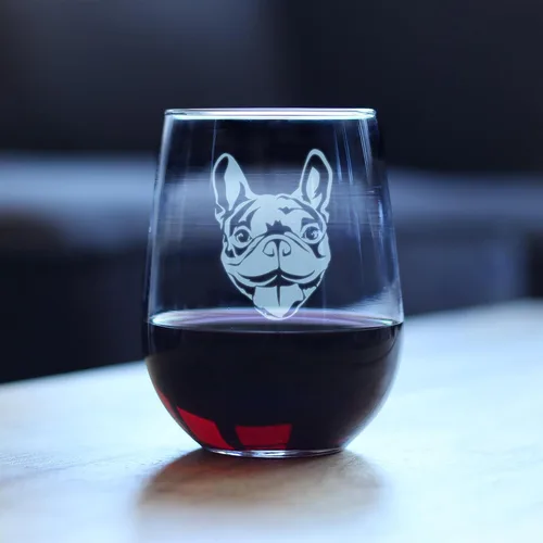 Vista 4 de Happy Frenchie - Copa de vino sin tallo, bonitos regalos temáticos de bulldog francés o decoración de fiesta para mujeres y hombres, vasos grandes