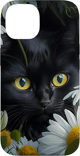 Vista 4 de iPhone 16 Black Cat with Daisies – Enchanting Floral Design Case