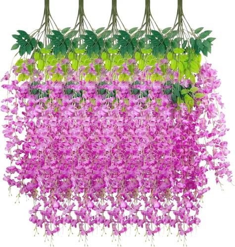 Vista 75 de Paquete de 5 guirnaldas de flores colgantes de glicina rosa, enredaderas de flores artificiales de 3.77 pies, glicinia falsa, guirnalda colgante