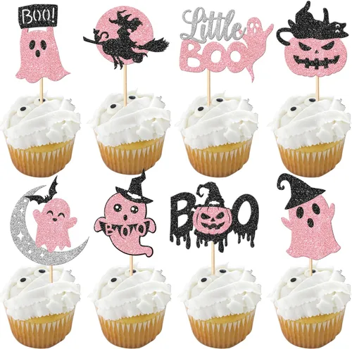 Vista 24 de Rsstarxi Paquete de 24 adornos para cupcakes Little Boo con purpurina, bruja, gato, calabaza, castillo, fantasma, magdalenas, alimentos, decoración